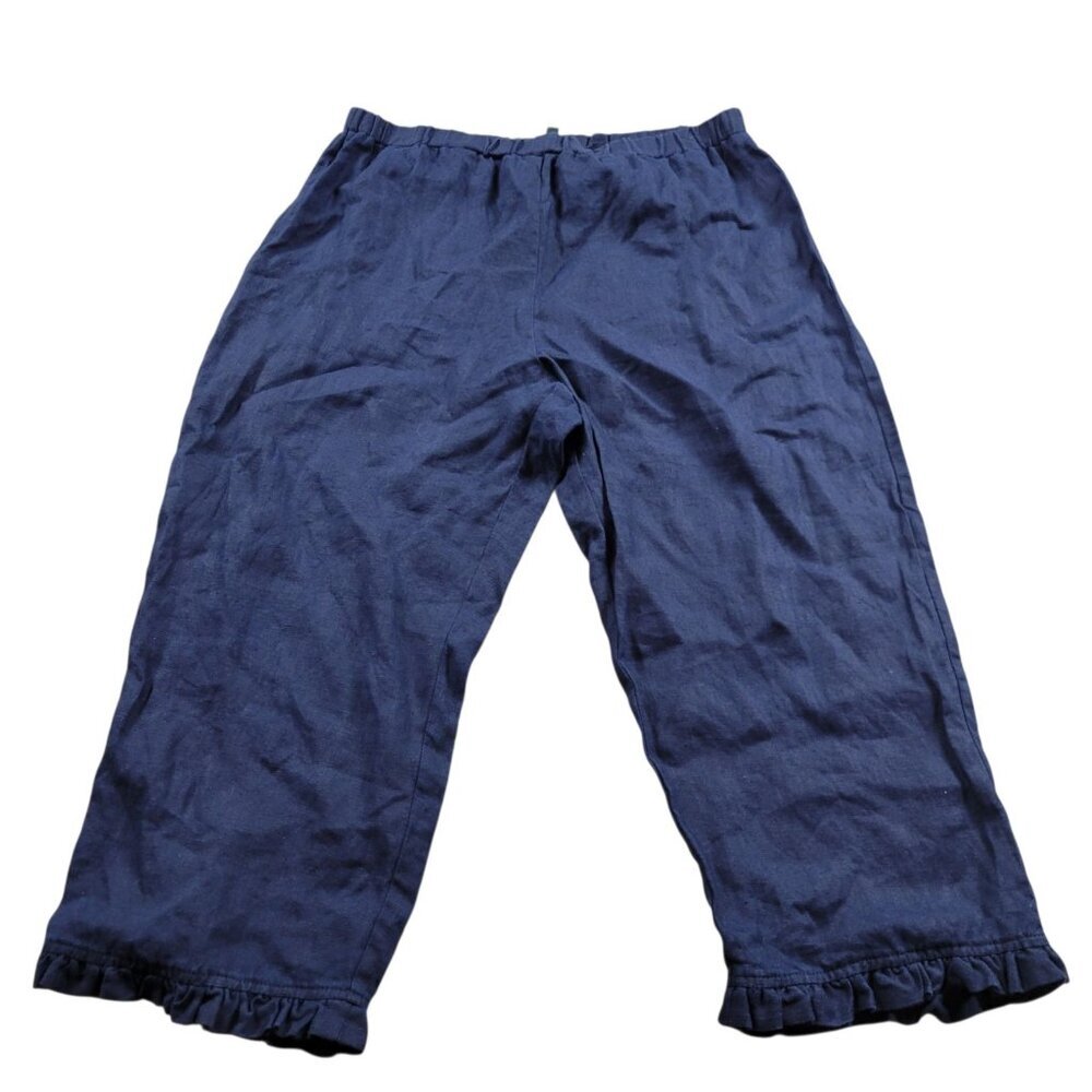 For Cynthia Pants Womens Petite Large Blue 100% Linen Crop Pull On Beachy